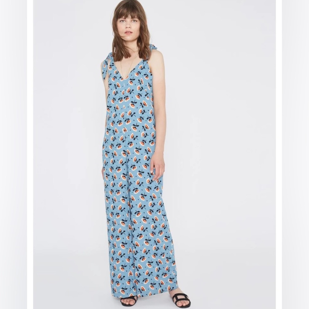 WILD PONY Size MEDIUM Floral Blue Wide Leg Jumpsuit Ivory Black Copper Brown